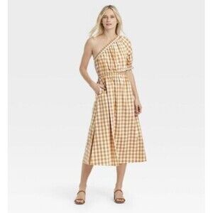 Who What Wear Dress Size Large Gingham Honey Mustard Cut Out Puff Sleeves New